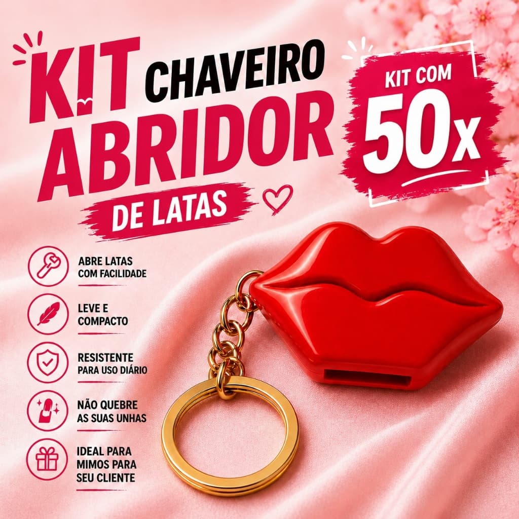 Kit Chaveiro Abridor de Latas Beijo Abre Lacre de Latinha Protege Unhas Presente Feminino Mimo