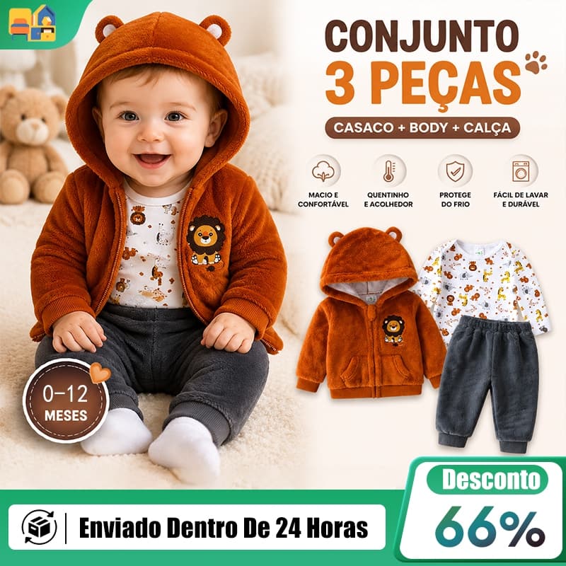 Conjunto Bebê Menino 3 Peças Casaco Body e Calça Infantil 0 a 24 Meses Roupa Quentinha Confortável com Capuz