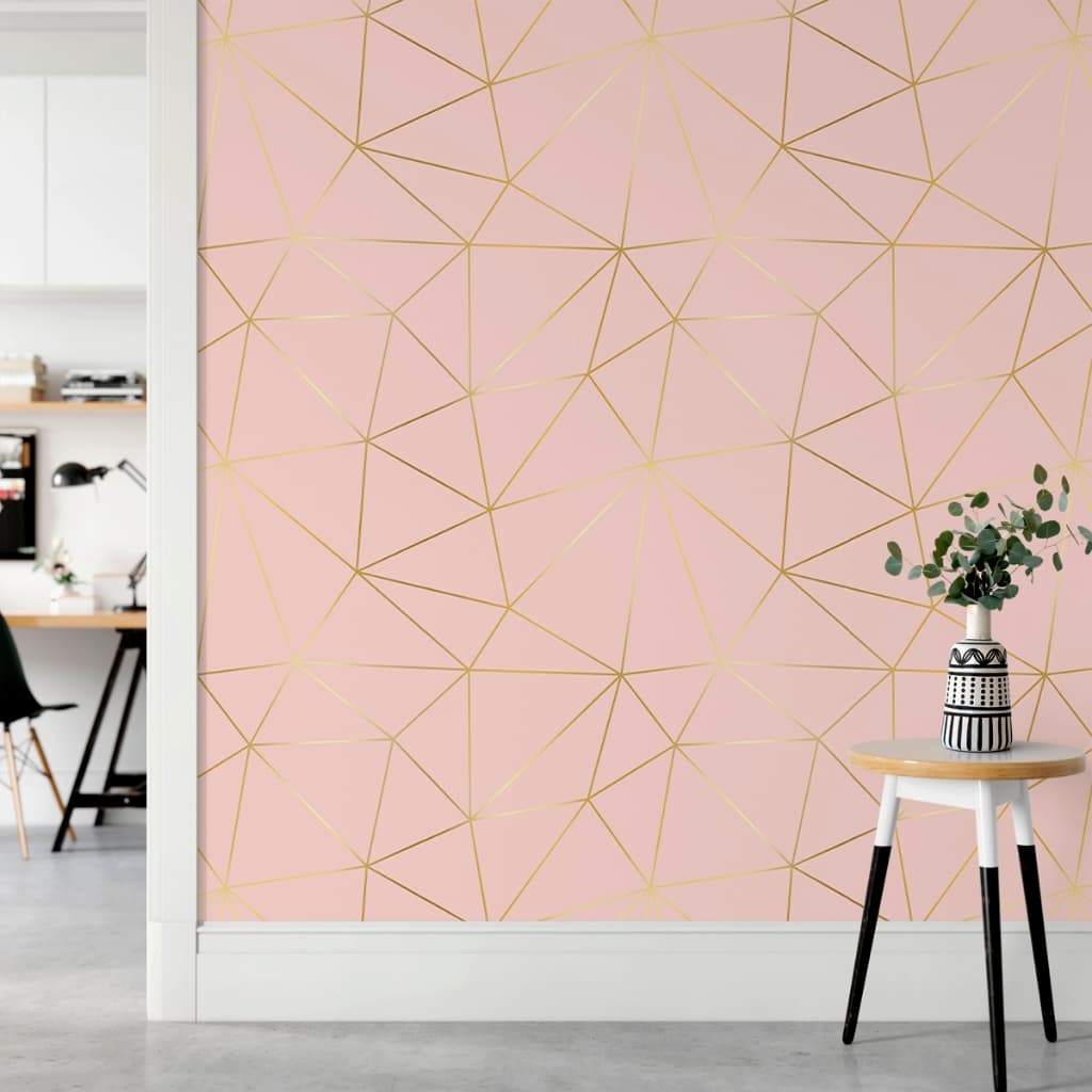 Papel de Parede Zara Rose Com Veias Douradas Geométrico - Adesivo Autocolante