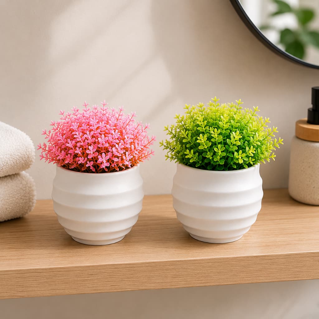 Kit 2 Mini Vasinhos Flores Bonsai Planta Artificial Vaso Branco Decoração Minimalista Casa