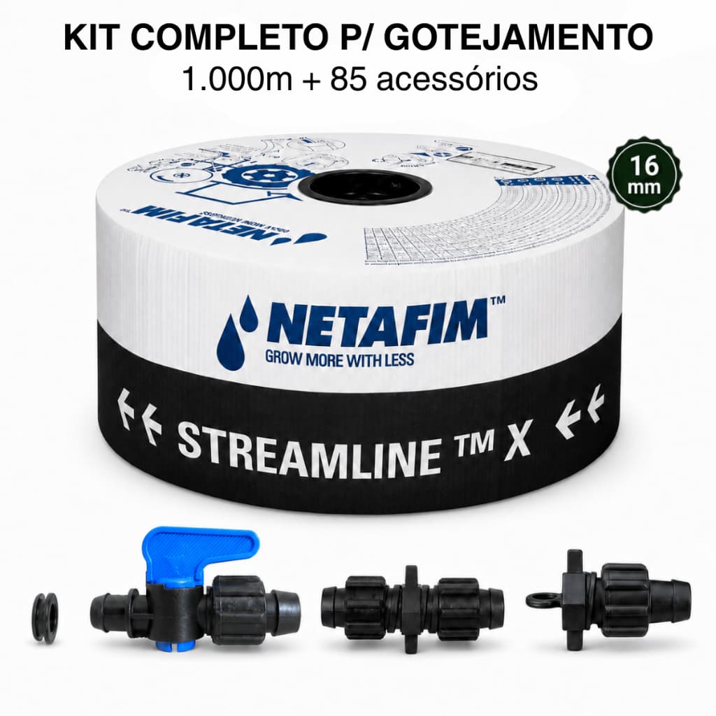 Kit Irrigação Completo Mangueira de Gotejamento 1000m 16mm Netafim + 85 conectores