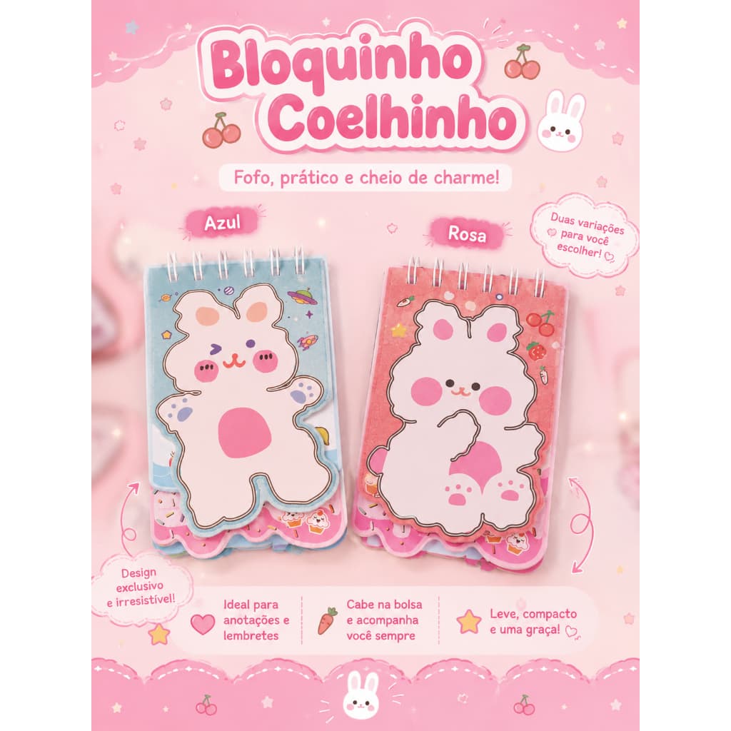 Bloquinho de anotações fofo, coelho, bloco de notas, azul e rosa
