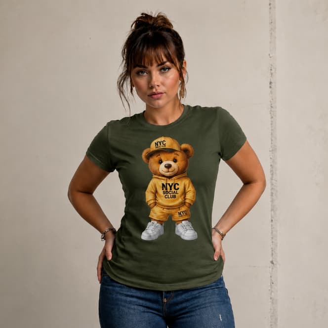 Camiseta Feminina Ursinho NYC Social Club 100% Algodão Estampa DTF 4K Premium
