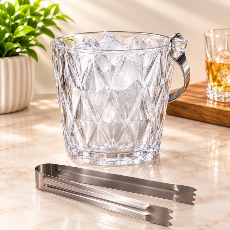 Balde de gelo LYOR Diamond de vidro com alça e pegador 1L para Drinks