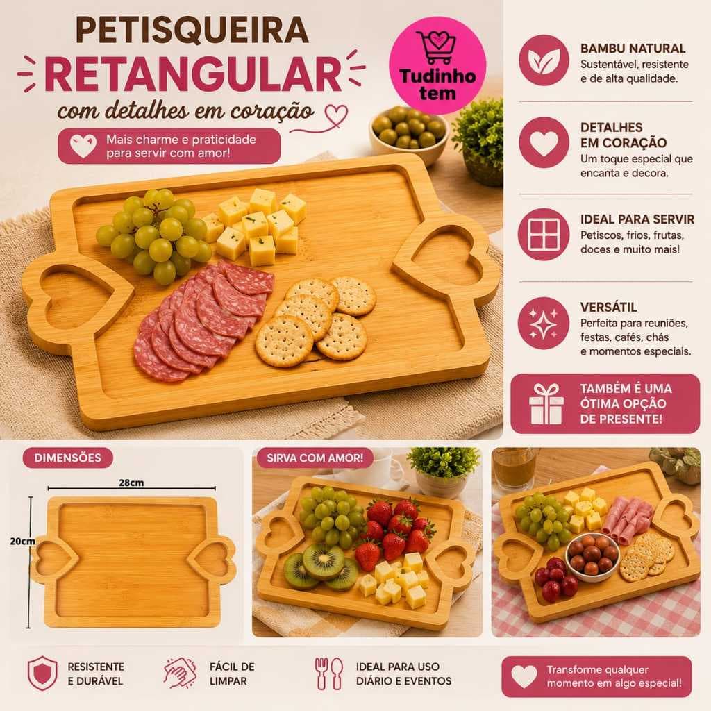 Petisqueira Retangular com Detalhes em Coração, Bandeja para Frios, doces, Petiscos e Aperitivos