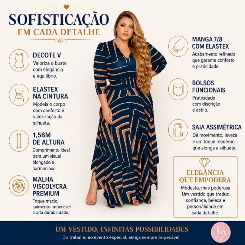 Vestido MIDI Evangélico Moda Plus Size Feminino Manga 7/8 Viscolycra Premium Cintura Lastex e Bolsos