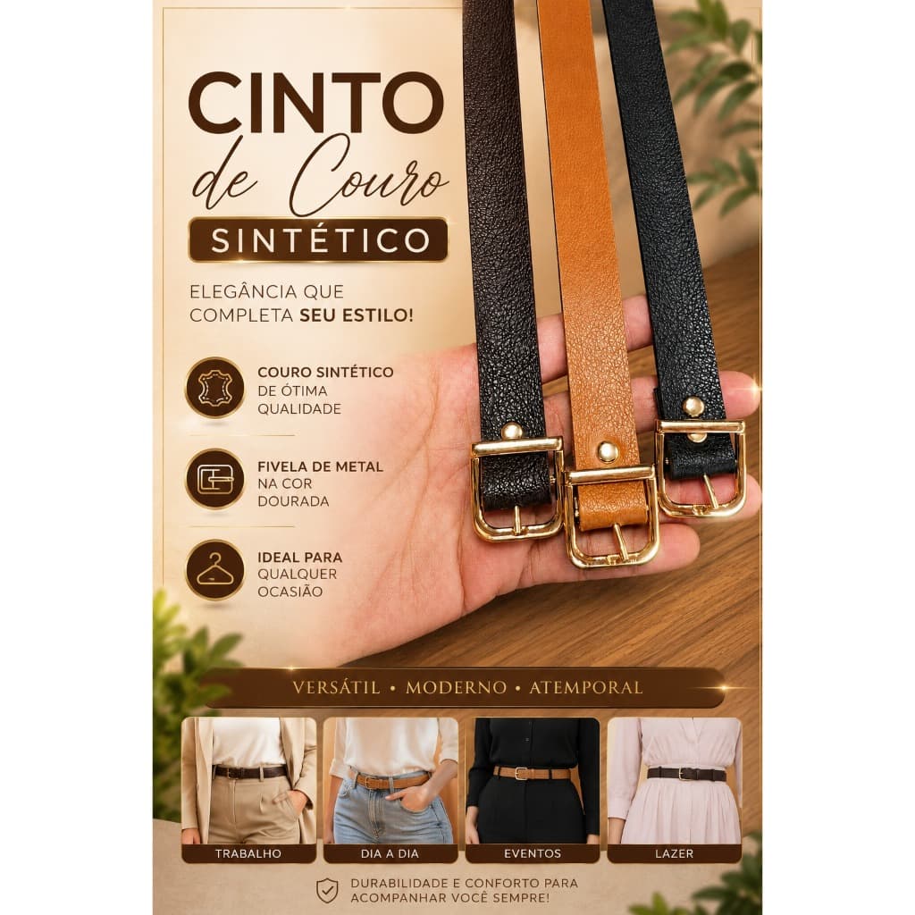 Kit 3 Cintos Femininos 20mm Couro Sintético Preto Marrom Caramelo Cinto Fino Elegante Moda