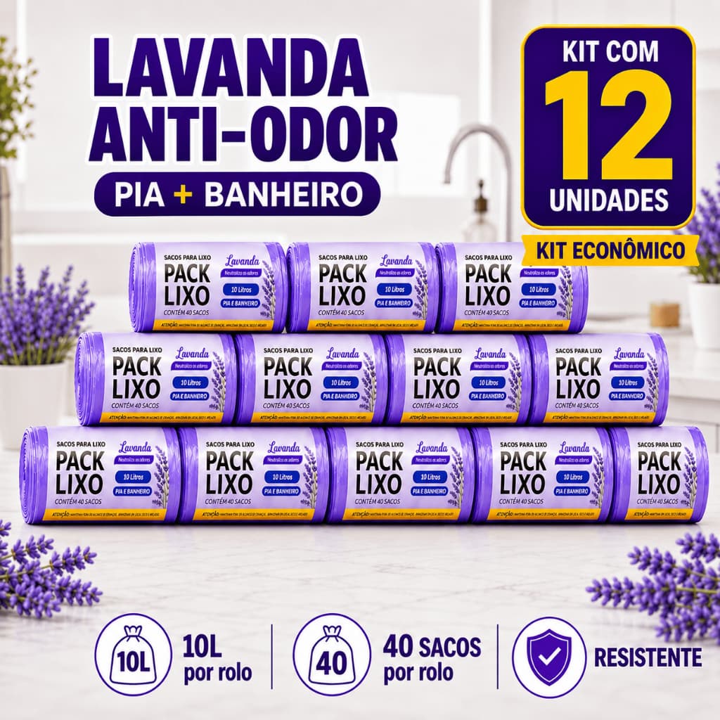 Kit 12 Rolos Saco Lixo Perfumado Lavanda 10L 34x40 480 Sacos Anti-Odor Pia Banheiro Resistente