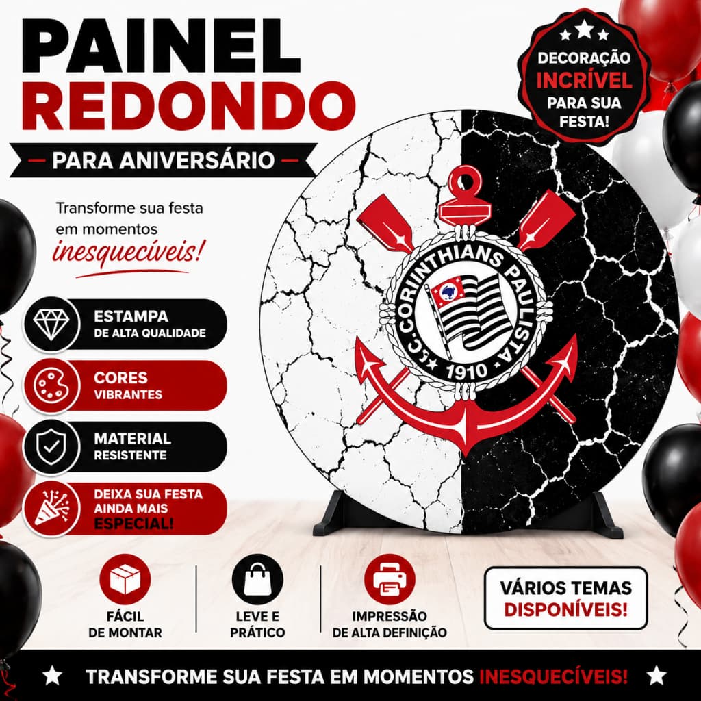 Painel Redondo Feliz Aniversário Tecido Dry Fit Eventos Festas Adulto Infantil Times