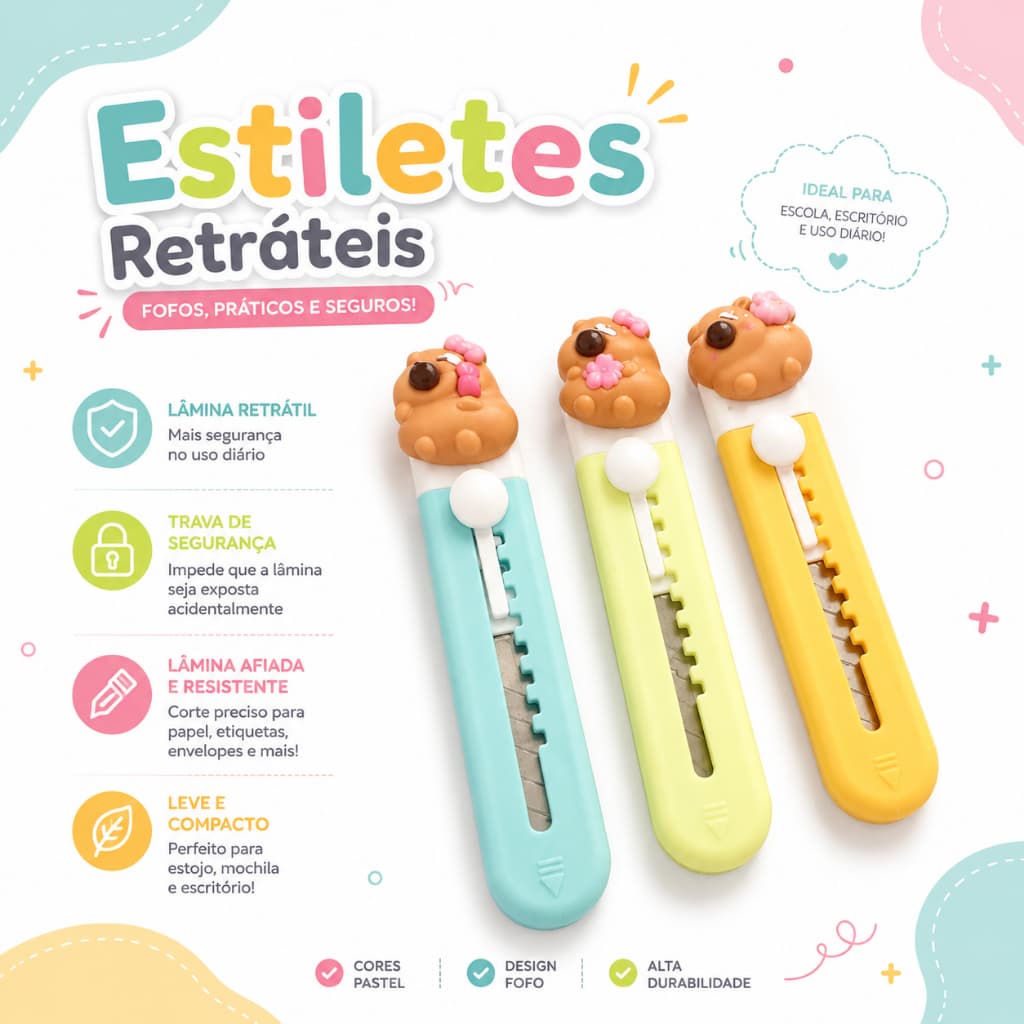 Mini estilete Capivara fofa, estilete retrátil estilo capivara