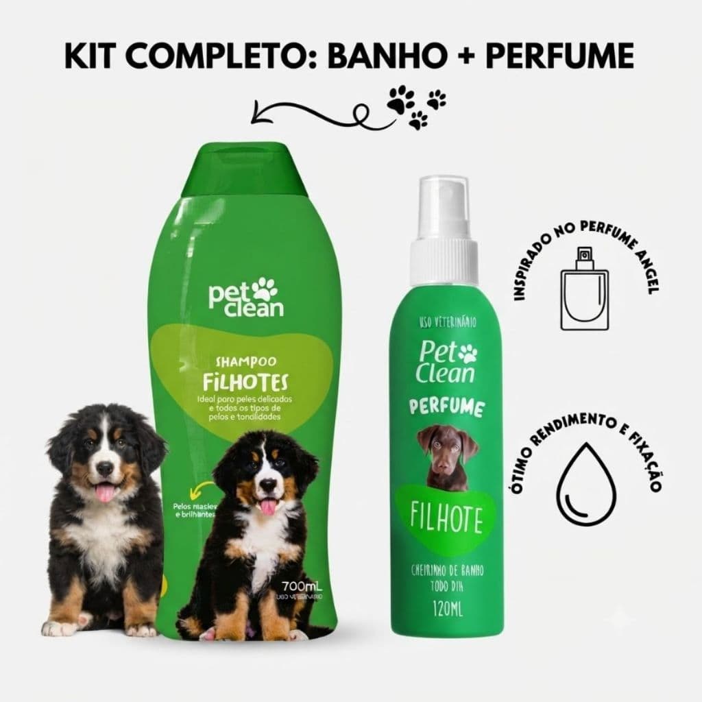 Pet Clean Kit Banho Pet Filhote Shampoo 700ml + Perfume 120ml Cães e Gatos