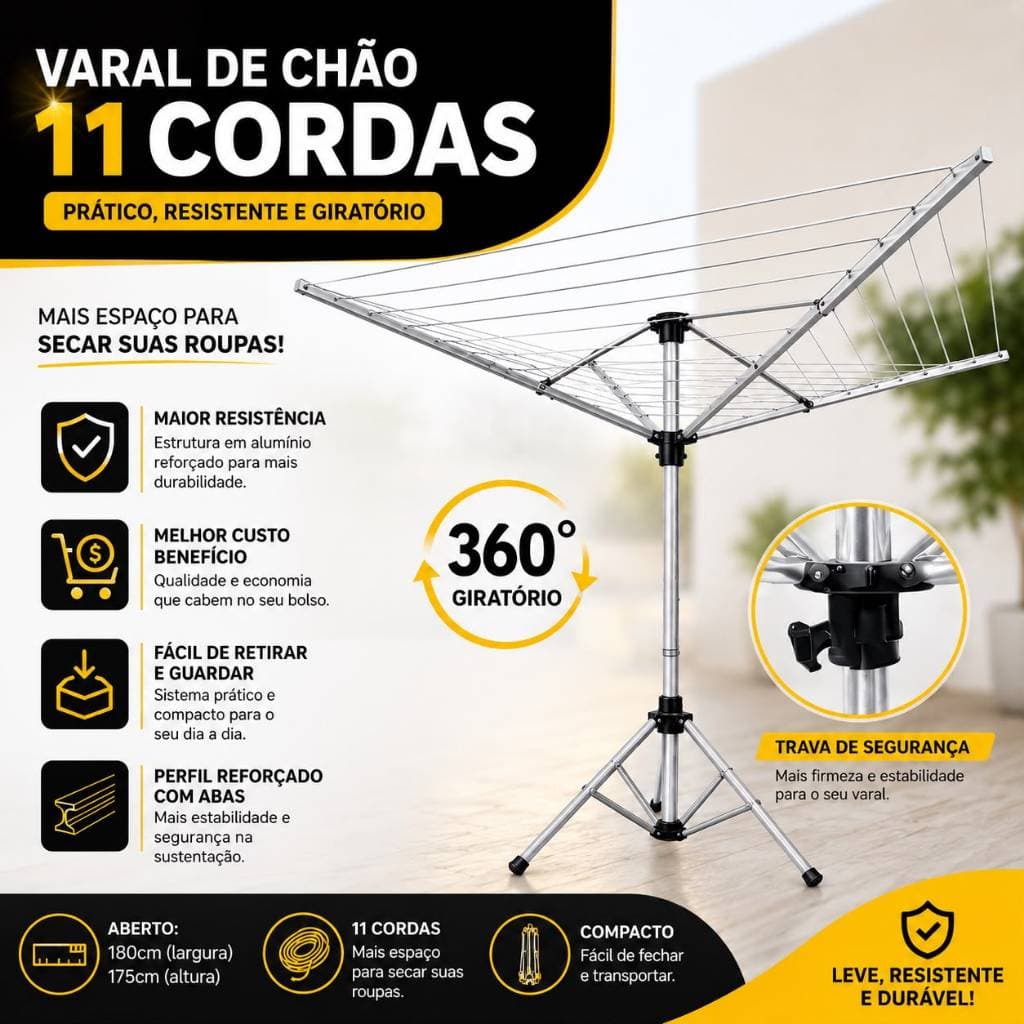 VARAL DE CHÃO GIRATORIO 11 CORDAS 100 % ALUMINIO GRANDE REFORÇADO DOBRÁVEL
