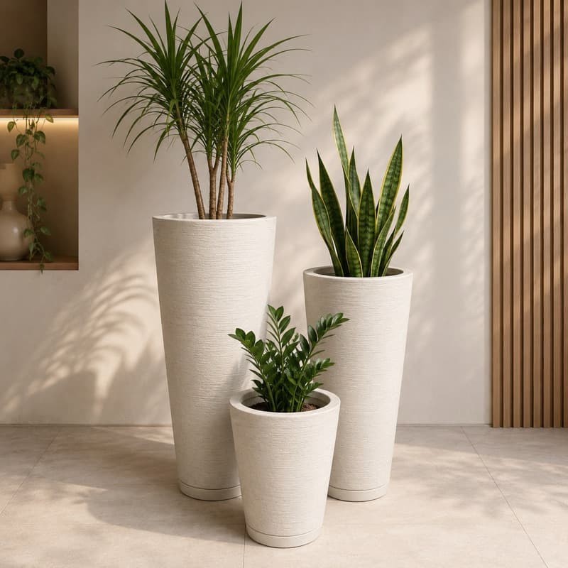 Kit 3 Vasos Decorativos Premium alto para Sala Jardim Varanda com Prato Coletor