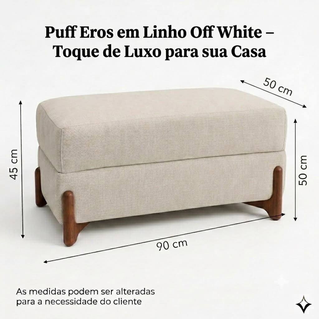 Puff Eros Wood Linho Off 90cm | Banco Moderno com Pés de Madeira