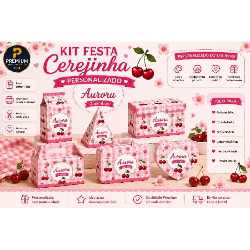 🍒 Kit Festa Cerejinha Personalizado | Pegue e Monte | Papel Offset 180g
