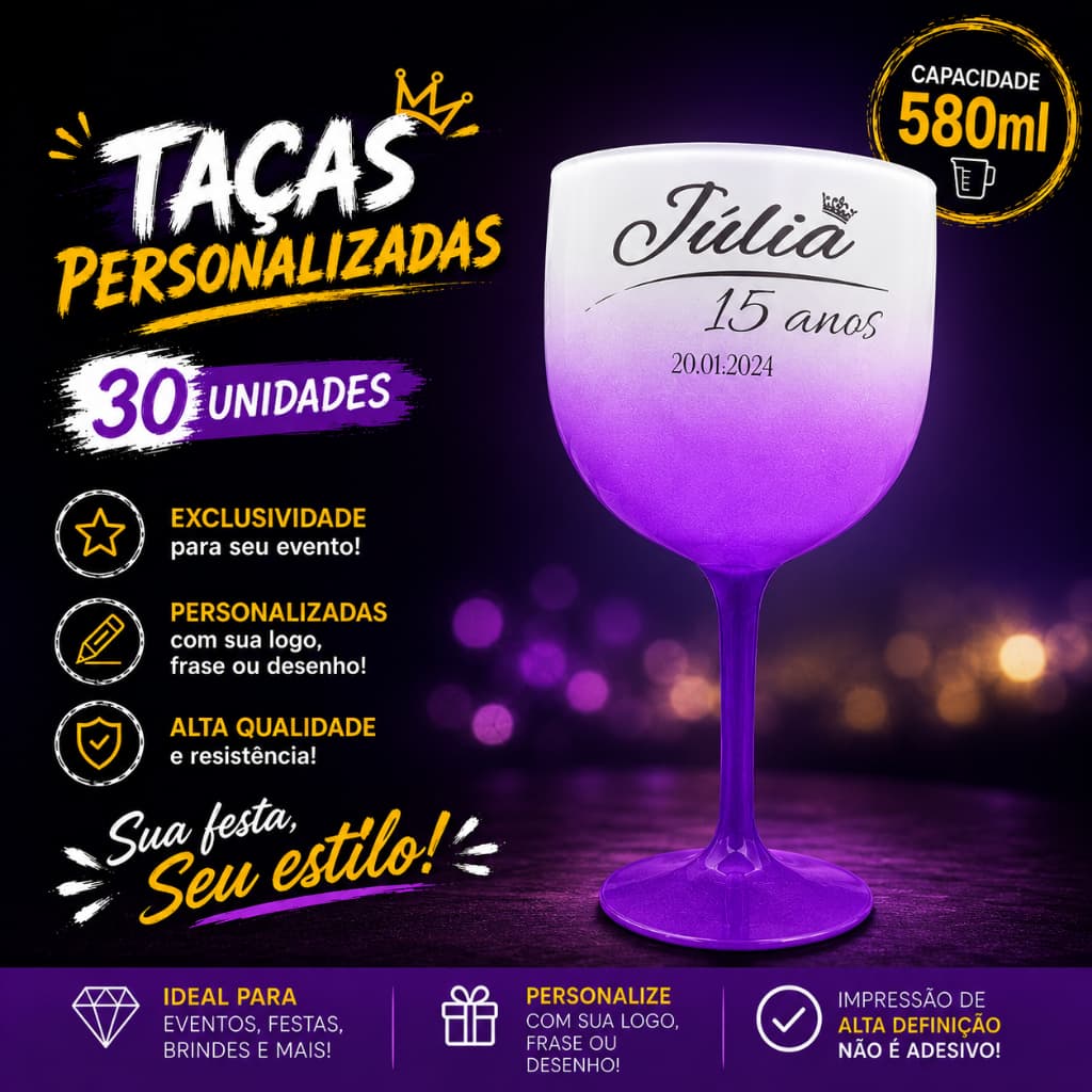 Kit 30 Taças de GIN degradê 580ml para Festas, Eventos, Drinks, Aniversários - Personalizadas
