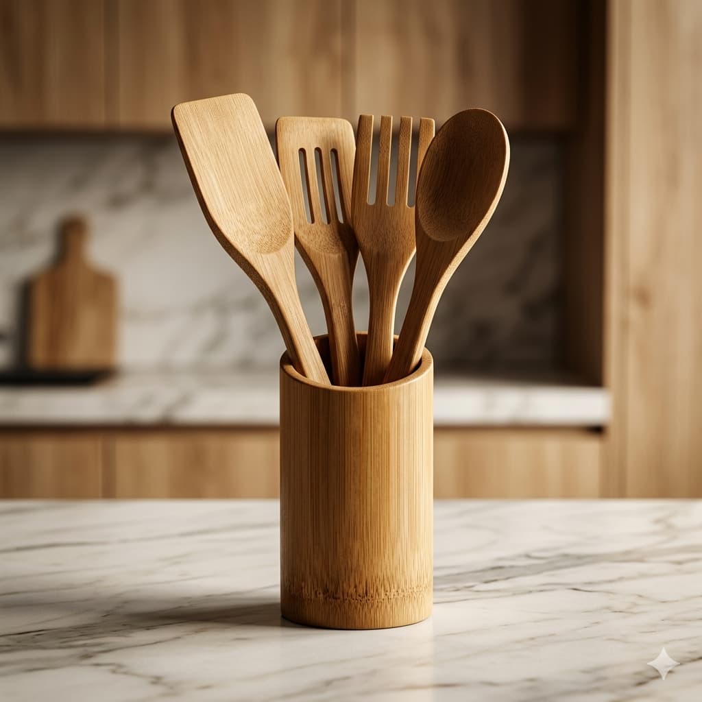 Kit Utensílios Cozinha Bambu 5 Peças Sustentável Durável Completo Funcional