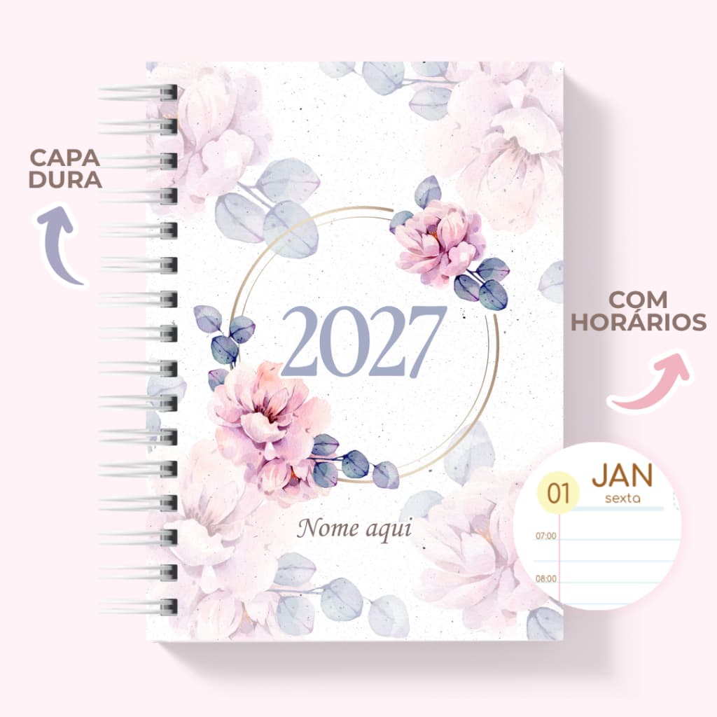 Caderno de Anotações 2027 Feminino Floral 1 dia por página Planejamento Diário Planner