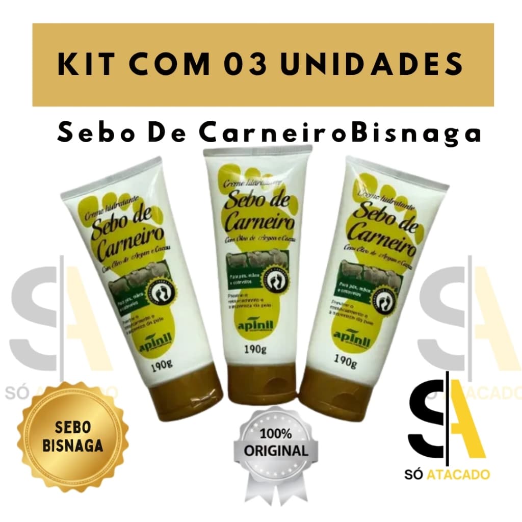 03 UND Creme Hid. Sebo De Carneiro Bisnaga Apinil 190g - ÓLEO DE ARGAN E CACAU Para Pés e Mãos