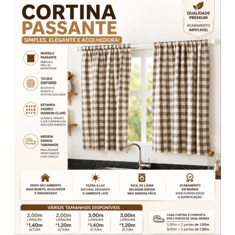 Cortina Passante Xadrez Marrom Claro Tecido Oxford para Cozinha Sala Quarto Vários Tamanhos Acabamento em Bainha