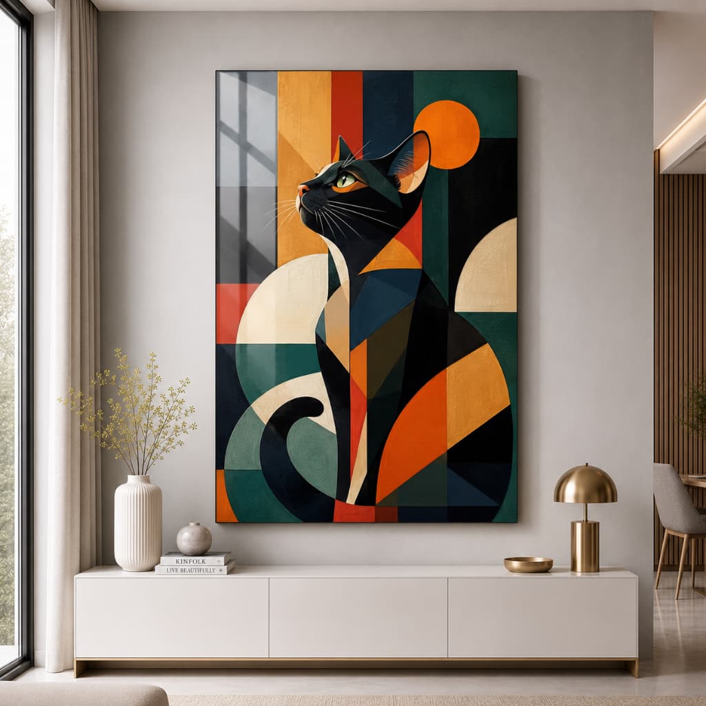 Quadro Decorativo Gato Geométrico Abstrato Colorido Arte Moderna para Sala e Quarto