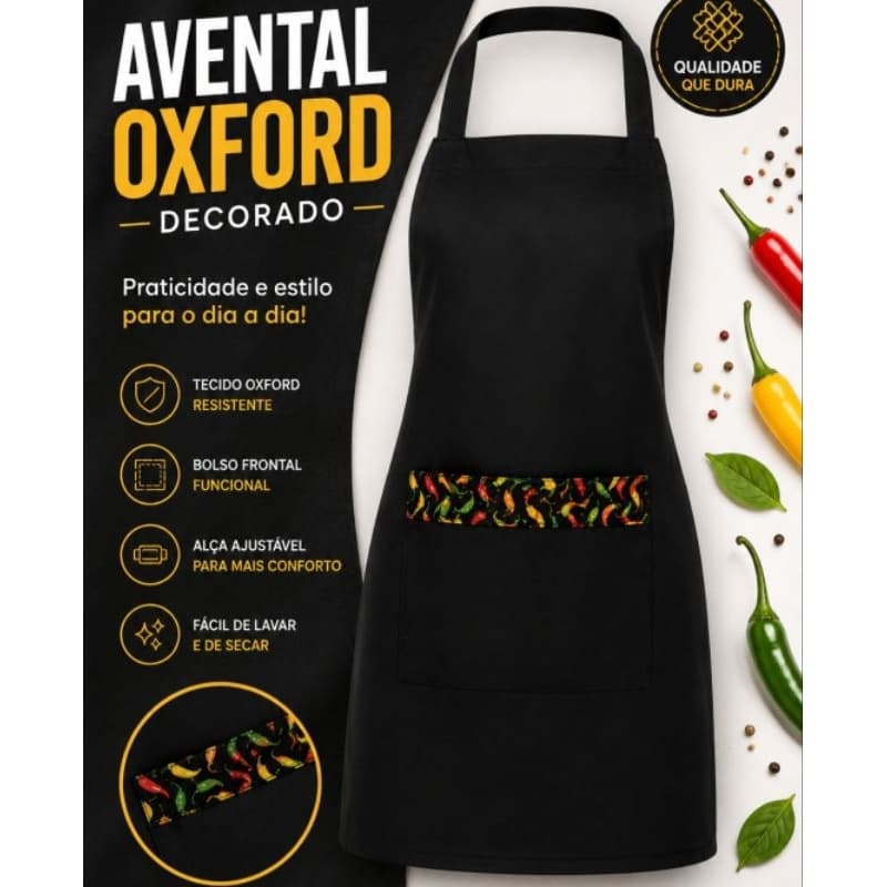 Avental Oxford decorado com bolso frontal