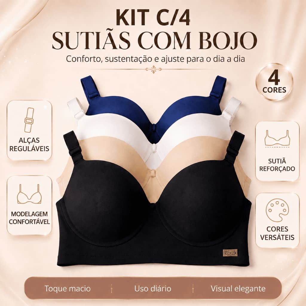 Kit C/4 Sutiãs Premium Feminino  Reforçado Com Bojo Do P Ao GG Direto da Fábrica Alça Reforçada