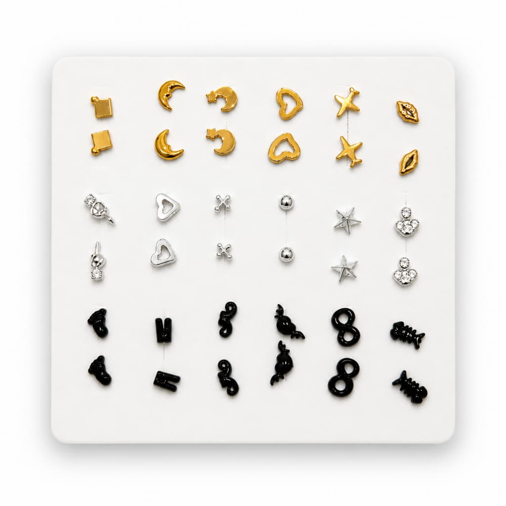 Kit 18 Pares de Brincos Delicados Femininos Antialérgicos Dourado Prata Preto | Coração Lua Estrela Avião