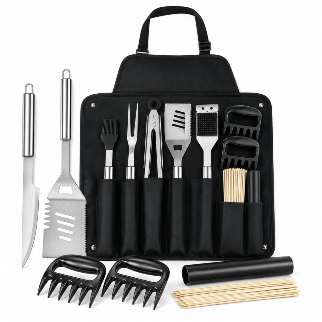 Kit Churrasco Inox 11 Peças Bolsa Avental Profissional Completo Jogo Espátula Garfo Faca Garra Urso Tapete Grelha