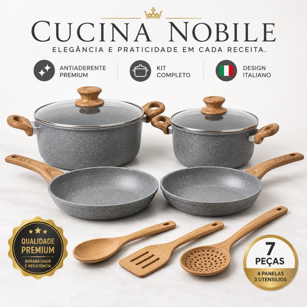 Kit Panelas Antiaderentes 7 Peças Cucina Nobile 4 Panelas + 3 Utensílios Tampa de Vidro Cinza