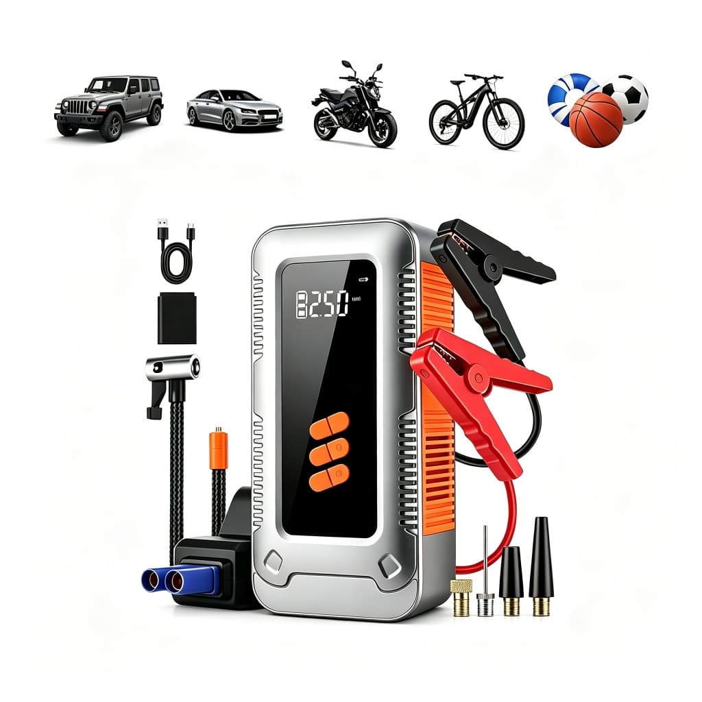 Arrancador de Carro Bateria Emergencial 12V com Carregamento Rápido e Compressor de Ar Booster de Bateria Veicular