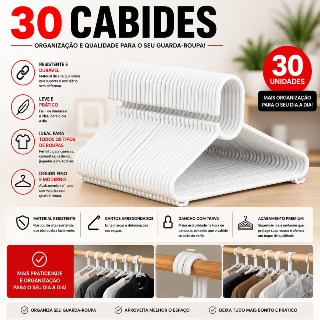 Cabide de Plástico Tradicional Branco kit com 100 unidades - Direto da Fábrica