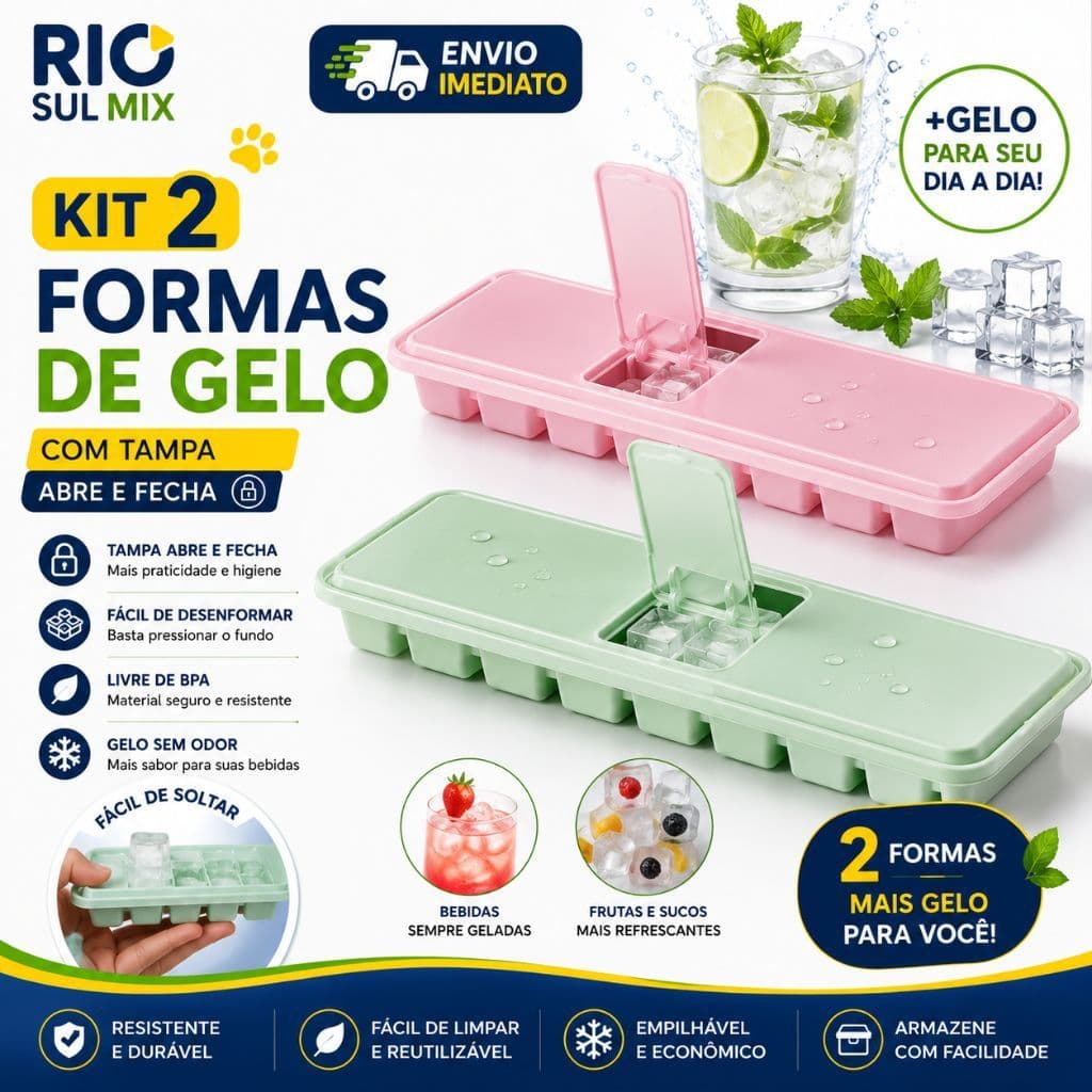 Kit 2 Forma De Gelo Com Tampa Aba Enche Fácil Fundo Em Silicone Ideal Para Papinhas