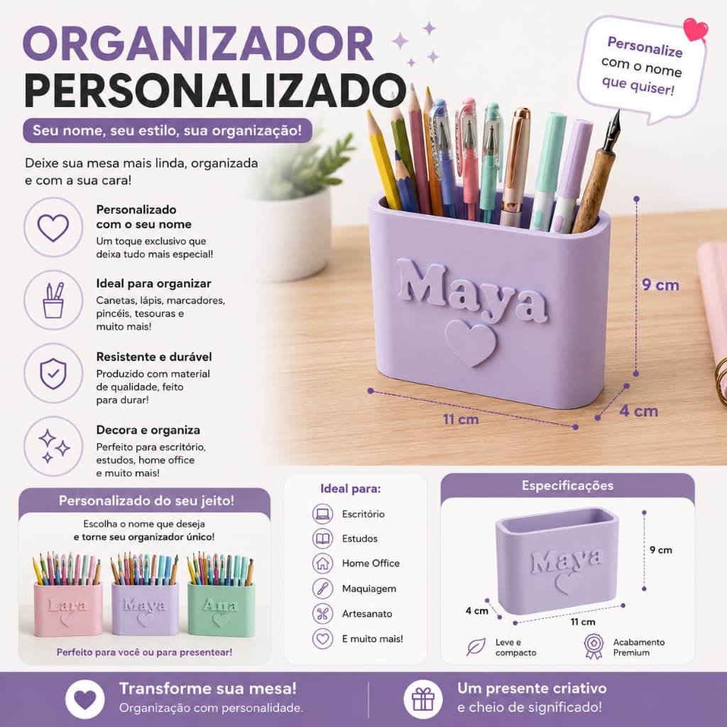 Organizador de Mesa Personalizado com Nome | Porta Canetas Decorativo para Escritório, Estudos e Home Office