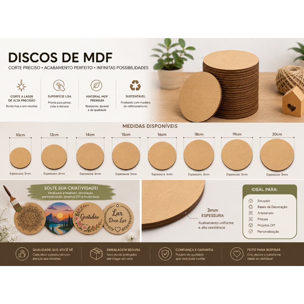 KIT 10 UNIDADES / Base Redonda Circulo em MDF 3mm / Placa Circular para Artesanato
