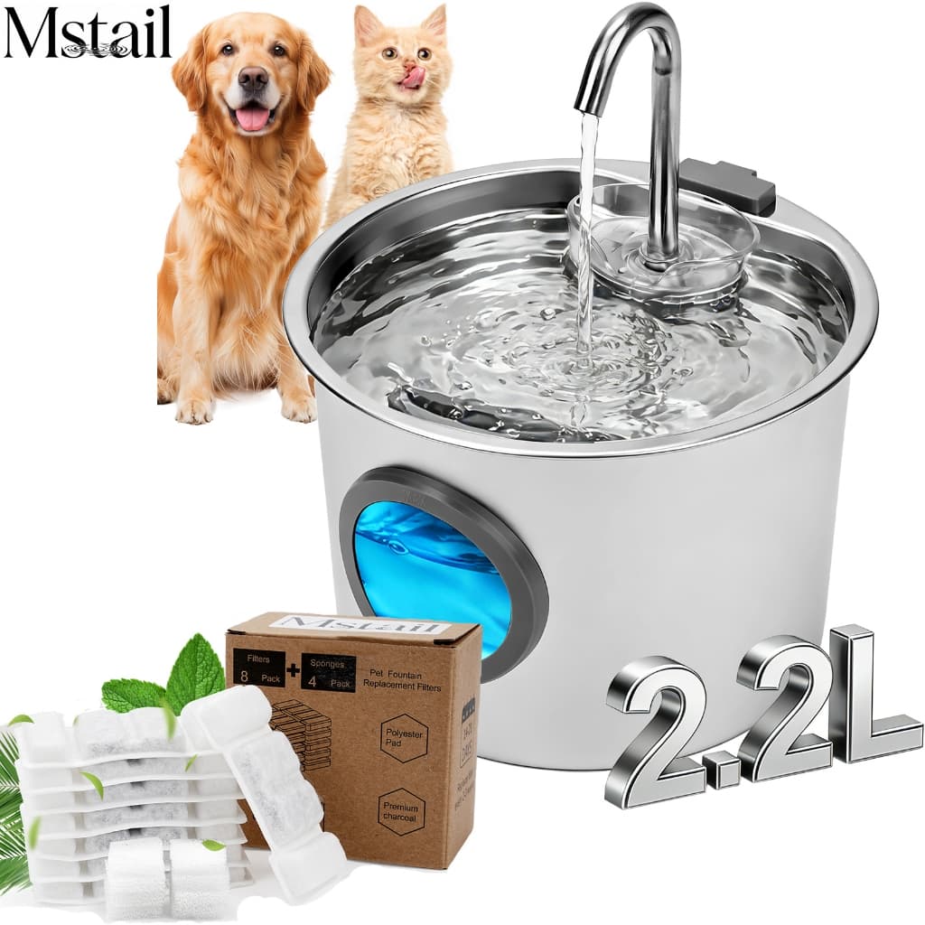 Mstail 2.2L Fonte de água para gatos + conjunto de 12 filtros Fonte de água para animais de estimação em aço inoxidável