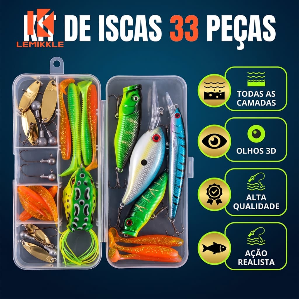 LEMIKKLE - 33 Peças de Iscas Artificiais, Realistas e Portáteis, para Pescadores
