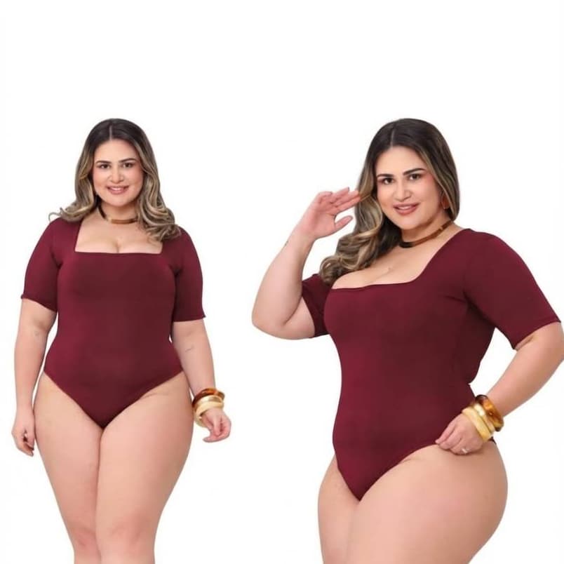 Body Feminino Plus Size Gola Quadrada Manga Curta Suplex Premium