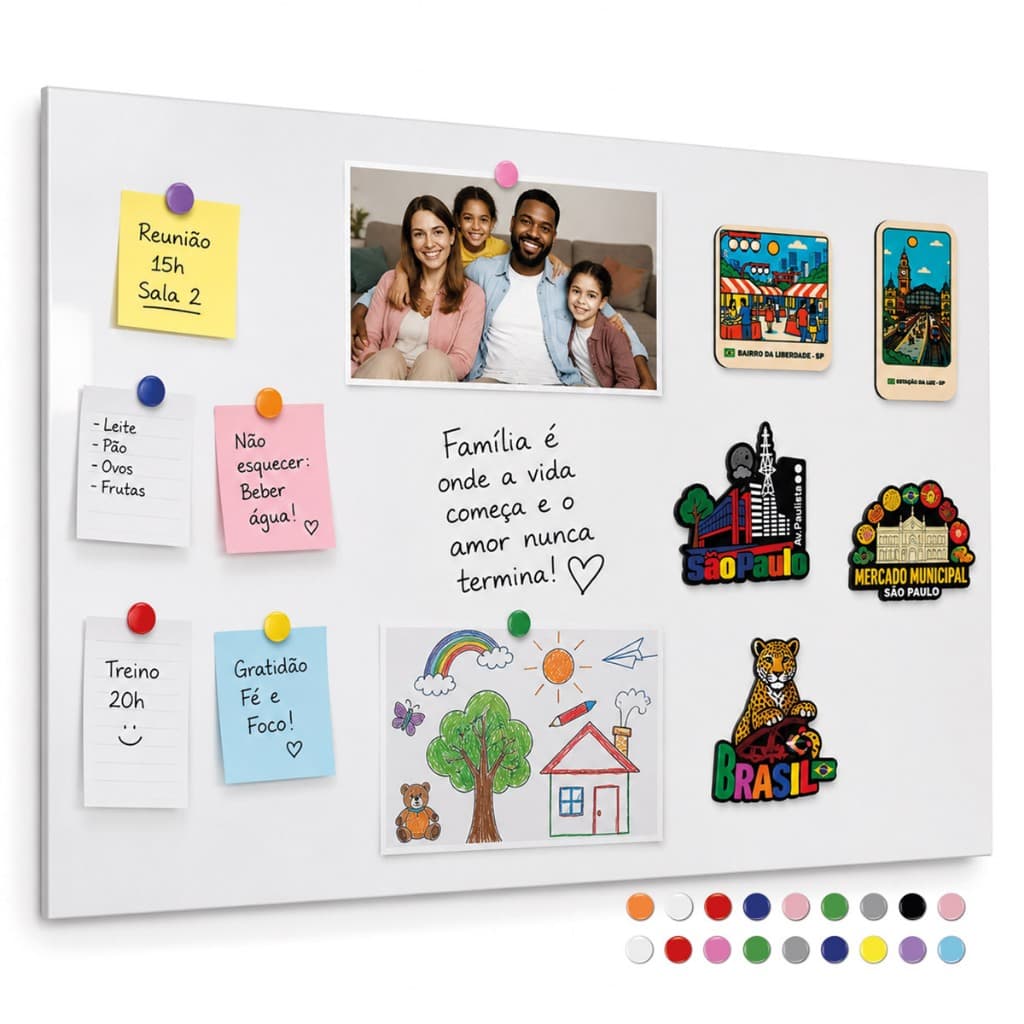 Painel de Parede em Metal 45x70cm para Fotos, Notas e Recados com Kit Completo de 48 Imãs