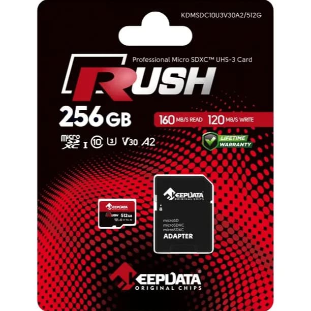 Cartão de Memória MicroSD 256GB Keepdata Rush U3 V30 A2 Classe 10 160MB/s 4K com Adaptador