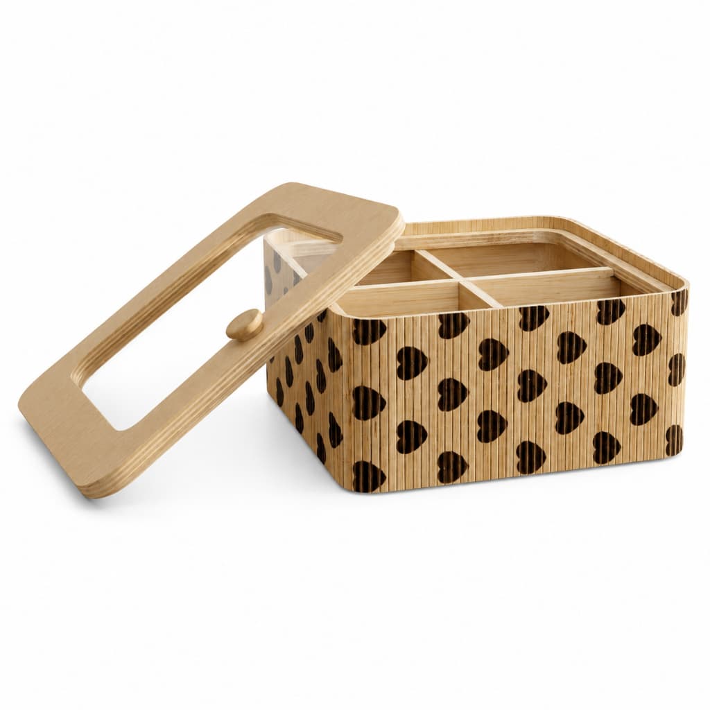 Porta Objeto Bambu Caixa Quadrada com Tampa Transparente Multiuso 4 Divisórias 15x15x6cm