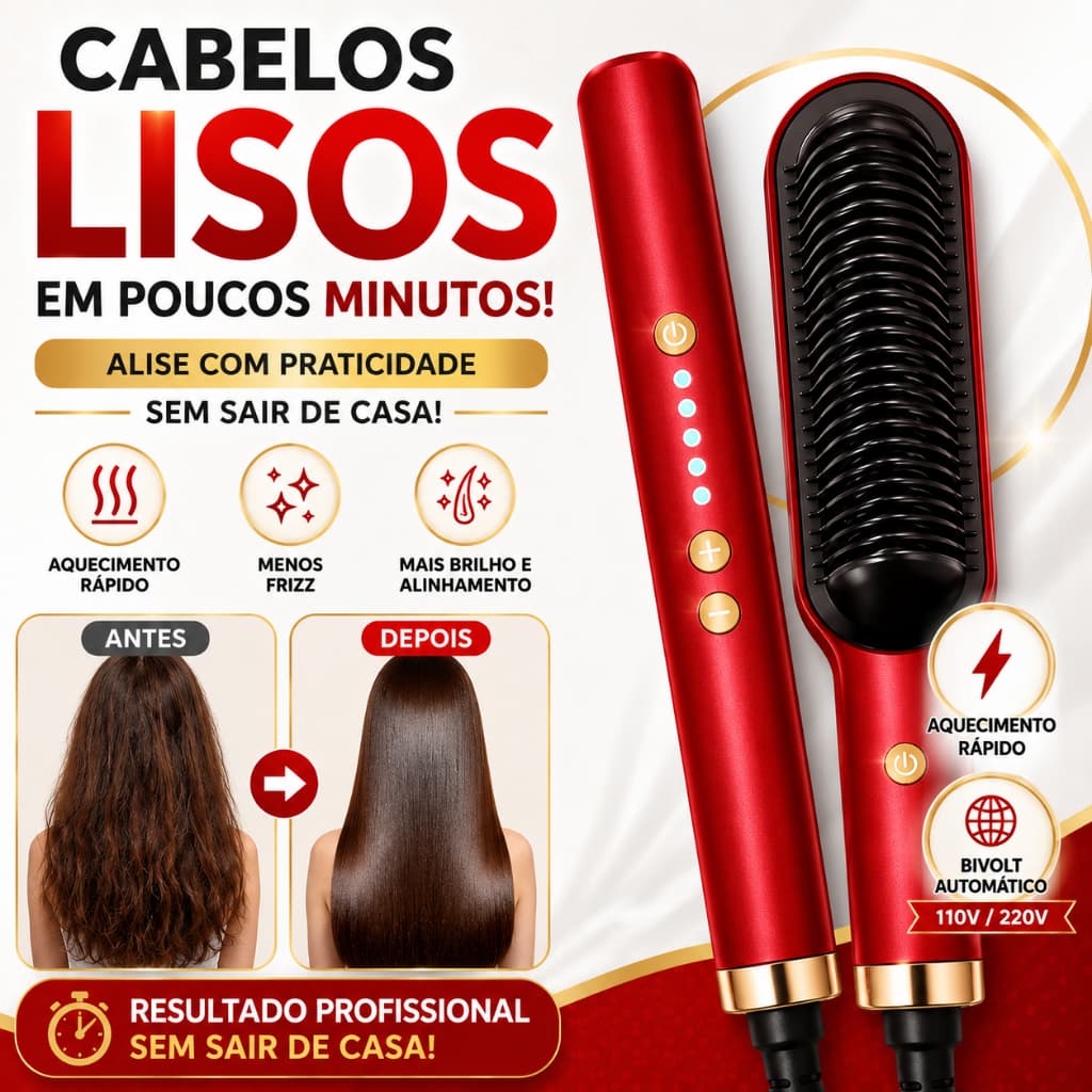 Escova Alisadora Elétrica Bivolt 5 em 1 Temperatura Ajustável 130°C a 200° VERMELHA Para Todos os Tipos de Cabelo