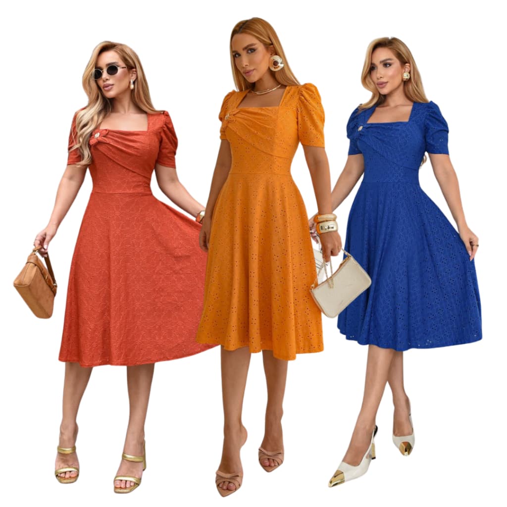 Vestido Midi Feminino Malha Lese Manga Princesa E broche