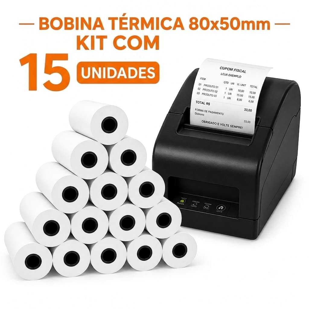 Kit 15 Bobinas 80x50 Papel Térmico Para Impressora Térmica Cupom PDV
