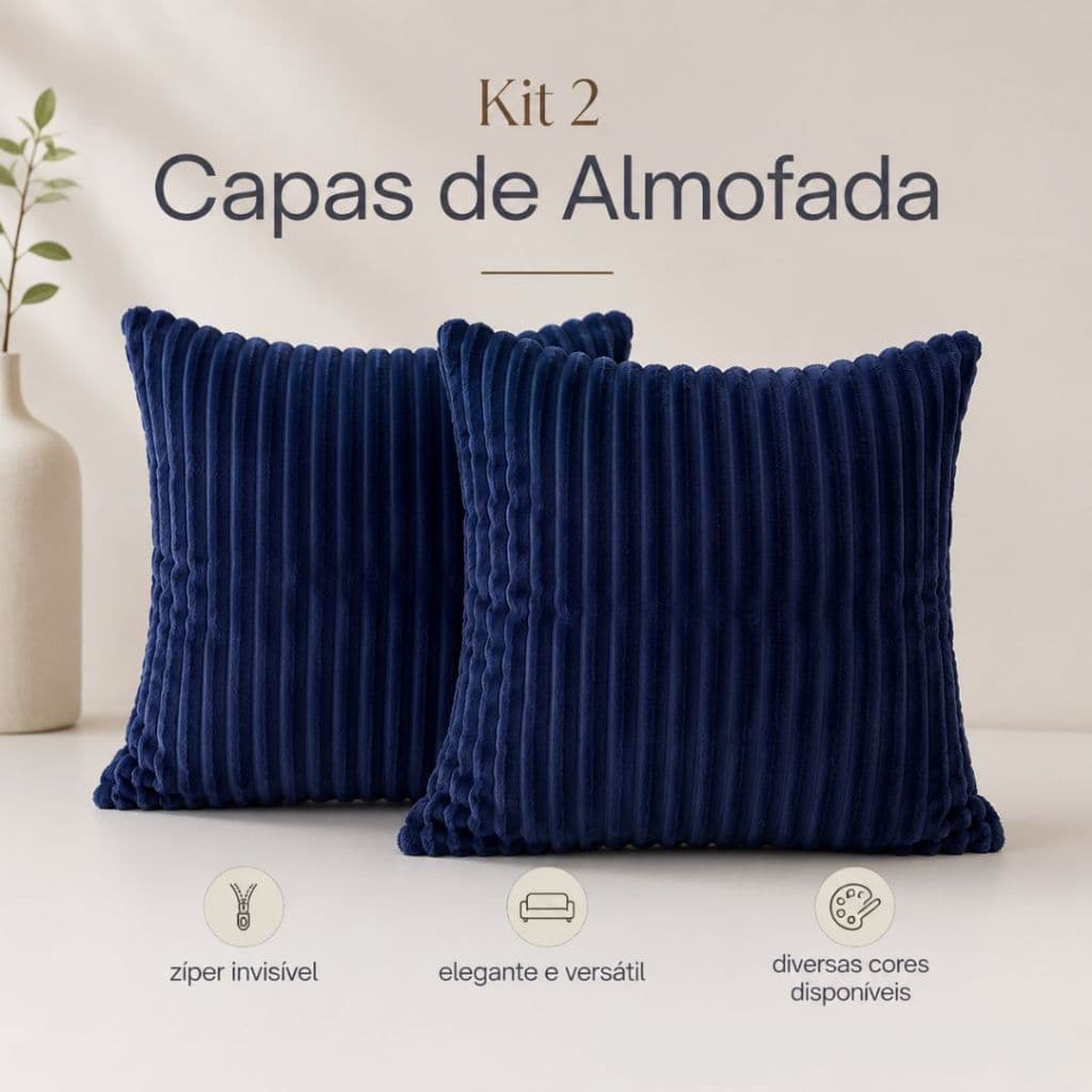 Kit 2 Capas de Almofada 45cmx45cm Flanela Canelada Aveludada Fofinha com Zíper Invisível Decorativa