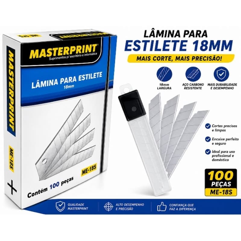 caixa com 100 lâminas estilete 18mm masterprint