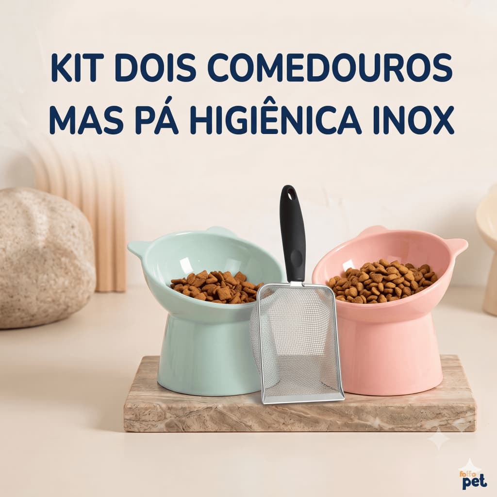 Kit 2 Comedouros Alto para Cães e Gatos + Pá Inox