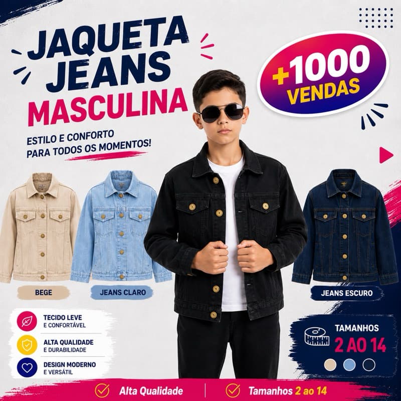 Jaqueta Longa Premium Masculina Infantil Juvenil Casaco Blusão Jeans Claro Bege Preta Crianças Roupa