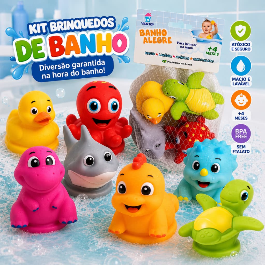 Kit 4 Brinquedos de Banho para Bebês Dino Fundo do Mar Patinhos Vila Toy