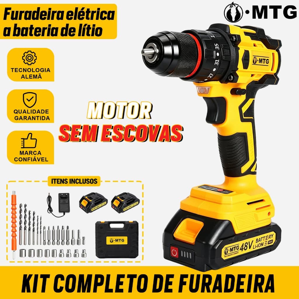 MTG Furadeira Parafusadeira Sem Escova 48V, 2 Velocidades, Kit Completo com Maleta e Acessórios